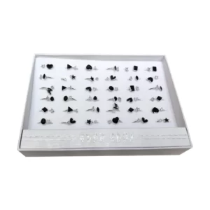 Black and white Fashion Stainless Steel ring set in a white box.