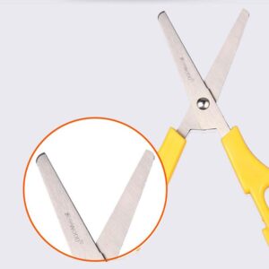A 12Pcs Plastic Handle Stainless Steel Scissors with a yellow handle.