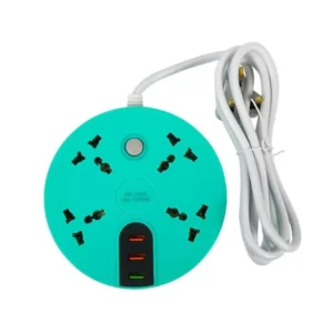 A 2M Power Strip Multiple Sockets with 3 USB Ports with a green cord attached to it.