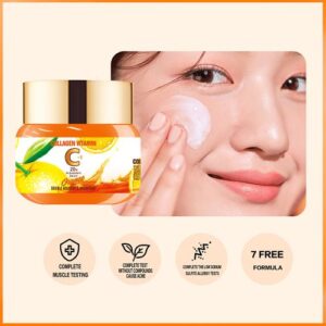 A woman's face with Collagen Vitamin C + E cream on it.