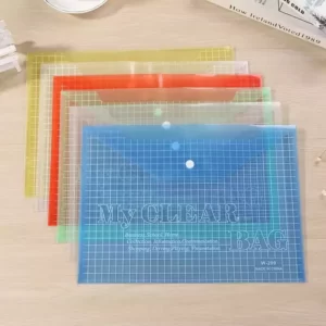 A set of A4 Transparent Office Study File Bags on a table.