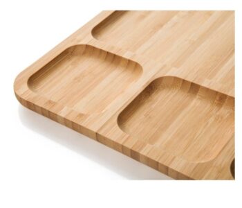 A 4 Compartment Bamboo Serving Tray with four compartments.