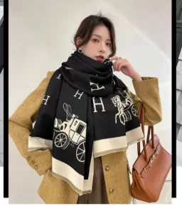 A woman wearing a High Quality Soft Fashion Scarfs with a horse on it.