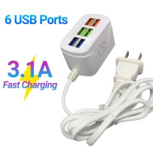 6 Ports USB Power Supply Charging Plug Socket charger with a white cord.