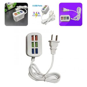 A white 6 Ports USB Power Supply Charging Plug Socket with several different plugs.