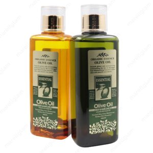 Two bottles of Organic Essence Olive Oil Body and Hair Care Oil on a white background.