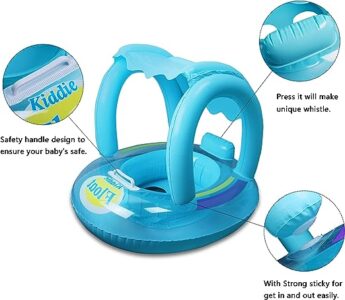A blue inflatable pool float with instructions.