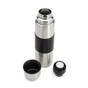 A stainless steel thermos bottle with a black lid.