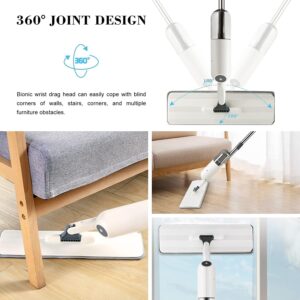 A series of pictures showing how to use an Aurora water spray mop.