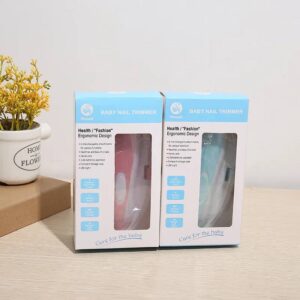Two boxes with a pink and blue Baby Nail Trimmer and a flower.