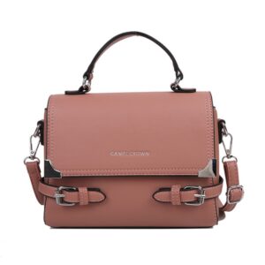 A pink leather handbag with a metal buckle.