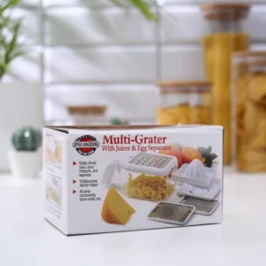 A box with a Multi-Grater With Juicer & Egg Separator on top of it.