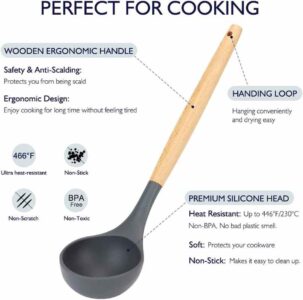 A 13Pcs Non-Stick Silicon Kitchenware Set with a wooden handle.