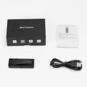 A black box with a Mini Camera Voice Recorder and a charger.
