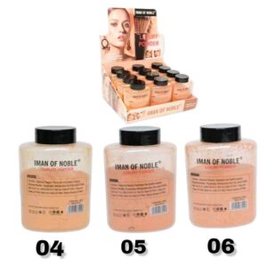 Four bottles of hand Iman Of Noble Luxury Powder in different sizes.