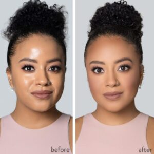 Two pictures of a woman before and after using Iman Of Noble Luxury Powder.