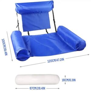 A blue Inflatable Foldable Floating Row Backrest with a pillow and measurements.