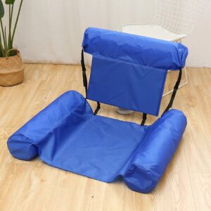A blue Inflatable Foldable Floationg Row Backrest sitting on a wooden floor.