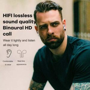 A man wearing the Pro 6 Earbuds with the text hifi lossless sound binaural hd call.
