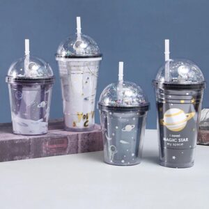 A set of four Space Galaxy Planet Astronaut Sippers with a lid and straw.