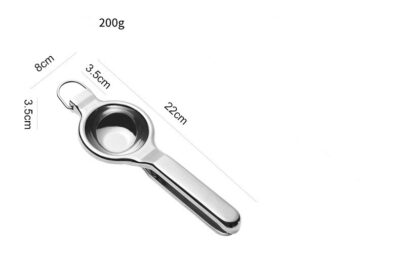 A stainless steel small fruit juicer with measurements on it.