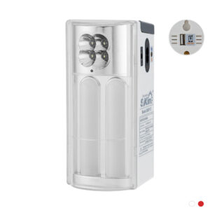 A wall mounted lantern portable rechargeable emergency light with a battery attached to it.