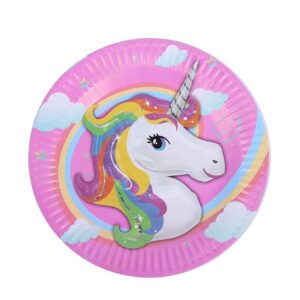 A Cartoon Kids Birthday Multiple Character Plate with a unicorn on it.