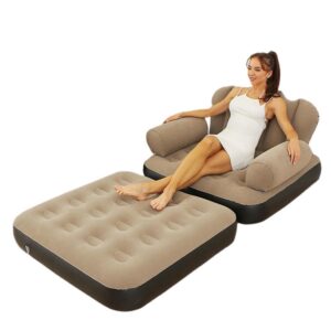 A woman sitting on a Multipurpose L-Shaped Armrest Lounge Sofa Bed.