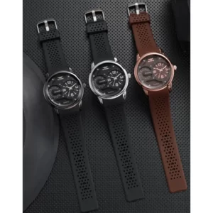 A group of chronograph watches on a black surface.