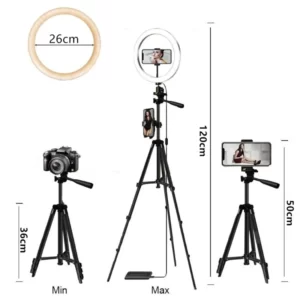 A tripod with a Ring Light With Stand(12 INCH) and a camera on it.