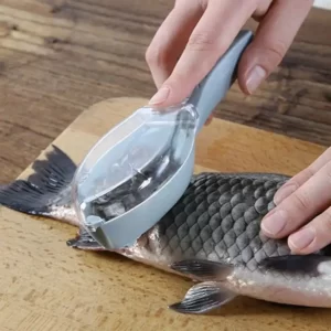 A person using a Fish Skin Scrapper on a cutting board to remove the skin of a fish.