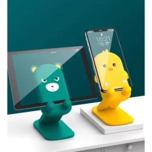 A Foldable Adjustable Phone Stand with a teddy bear on it.