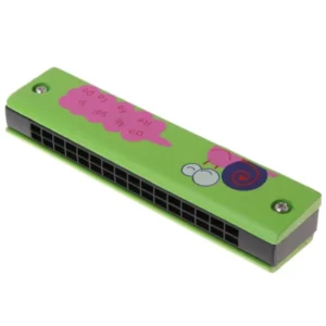 A green Harmonica for Children with a pink and green design.