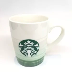 A Starbucks Siren Logo Green Striped Mug with a green and white design.