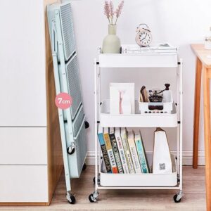 A white Multifunctional foldable organizer basket with books on it next to a desk.