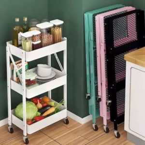 A kitchen with a Multifunctional foldable organizer basket full of food and utensils.