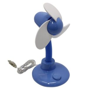 A blue and white USB Mini Flower Fan on a stand.