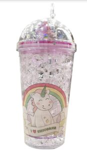 A 3D Rainbow Glitter Stars Tumbler with a lid and straw.