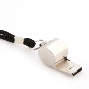 A Referee Whistle For Outdoor Activities with a black cord attached to it.