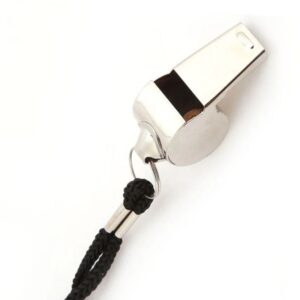 A Referee Whistle For Outdoor Activities with a black cord attached to it.