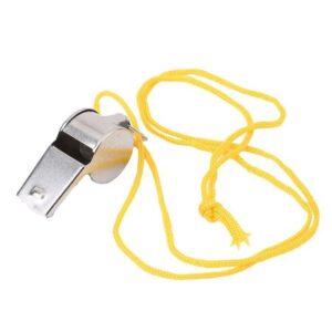 A Referee Whistle For Outdoor Activities with a yellow cord attached to it.