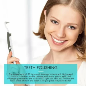 A woman holding an Electric Ultrasonic Dental Scaler Tooth Calculus Remover with the words teeth polishing.
