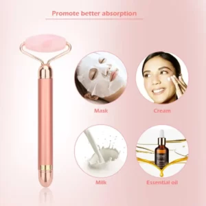 An image of a 2 In 1 Electric Vibrating Facial Roller Massager with different types of skin care products.
