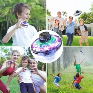 A collage of pictures of children playing with a Flying Spinner Mini Drone With Led Lights.