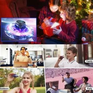 A collage of pictures of children playing with the Flying Spinner Mini Drone With Led Lights.