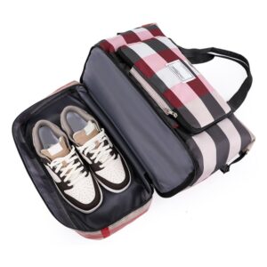 A duffel bag with a pair of sneakers inside.