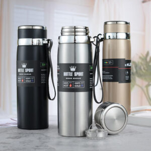 A Double Wall Vacuum Stainless Steel Thermos bottle with a lid and a lid.