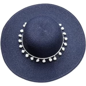 A Panama Elegent sun hat with white pom poms.