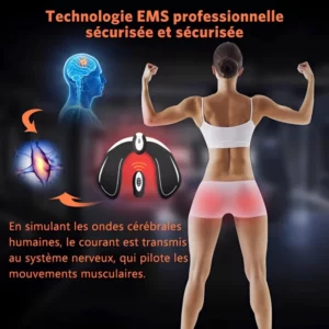 A woman is standing in front of a screen with the words Ems Hips Trainer Electric Butt Musle Stimulator.