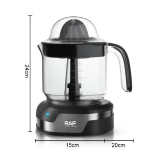 A black electric juicer with measurements.